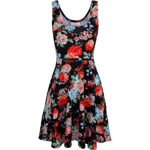 Womens Summer Sleeveless O-Neck Rose Flower Print Spaghetti Strap Elegant Fashion Ladies A Line Dress
