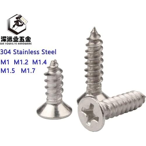 Phillips Screws 304 Stainless Steel Cross Recessed Flat Head Countersunk Self-tapping Phillips Wood Screw M1 M1.2 M1.4 M1.5 M1.7