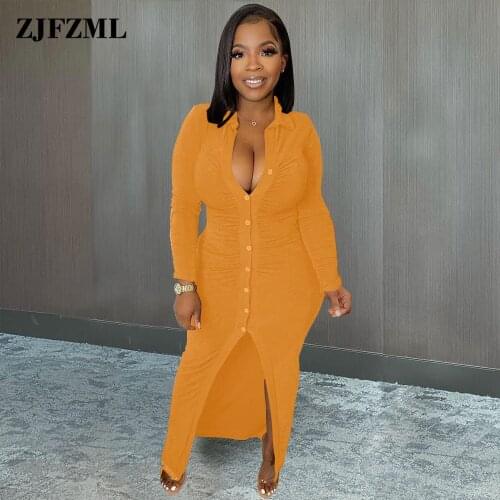 Chic Classy Womens Draped Long Party Dress Sexy Turn Down Collar Full Sleeve Split Dresses Simple Single-breasted Club Robe