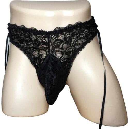 Sexy Men Lace Thong Sissy Panties Gay Underwear Under Pants with Side Lace Up Lingerie Crossdress Bikini Bottom