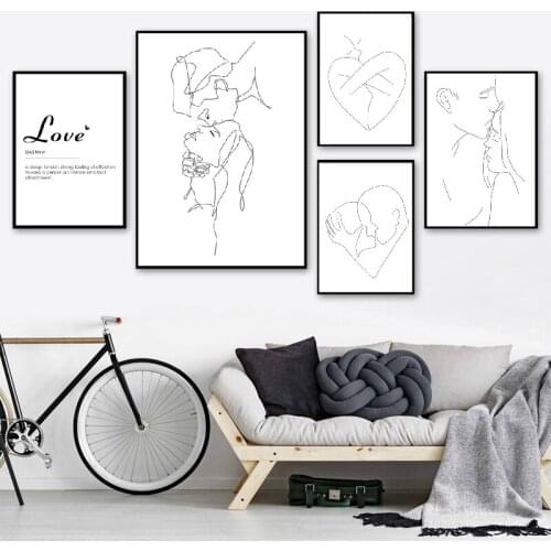 Modern abstract poster line painting lovers kissing wall art oil painting printing black and white sketch decoration painting ho