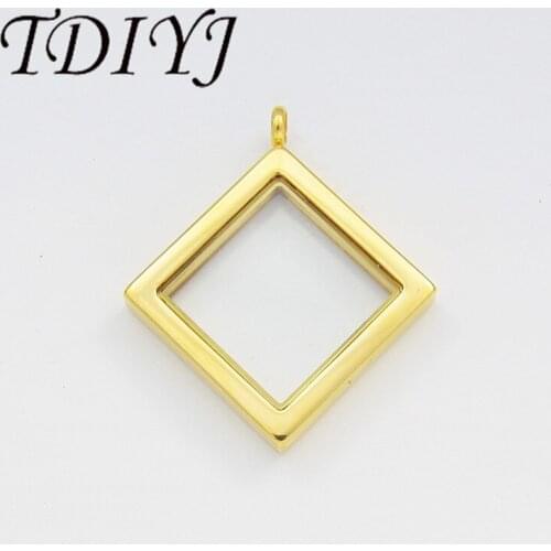 TDIYJ Wholesale 30*30mm Rhombus Stainless Steel Magnetic Floating Glass Gold Locket Pendant Necklace for Women 1Pcs