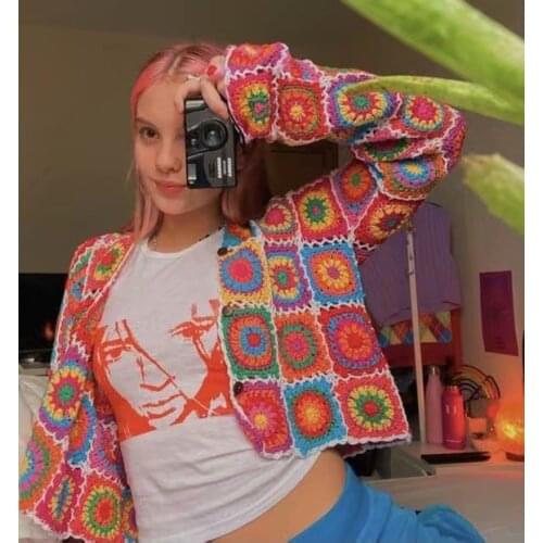 2021 Autumn Spring Long Sleeve Knitted Coat Long Sleeve Vintage Casual Print Cardigan Sweater