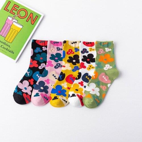 High Quality Delicate Funny Flower Pattern Cotton Mens Women Crew Socks Colourful Casual Ankle Harajuku Print Cute Ladies socks