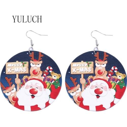 YULUCH Woman natural wood print Christmas pendant earrings girls holiday wooden jewelry ladies simple art accessories woman