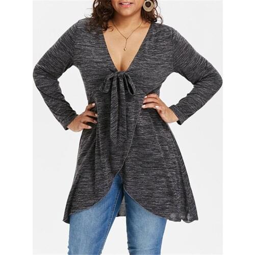 Sale Sexy Fashion Irregular Hem Long Blouse Solid Color Deep V-neck Asymmetrical Plus Size Tops Casual Bow блузка женская