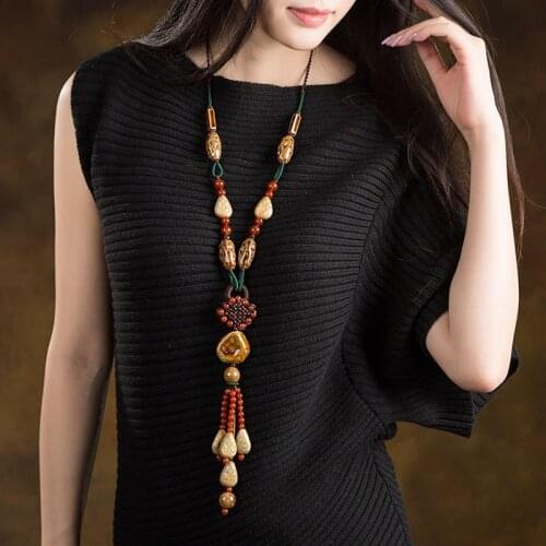 Womens Fashion Jewelry Ethnic Stone Pendant Long Chain Necklace Length Adjustable Glorious Stone Decoration Versatile Necklace