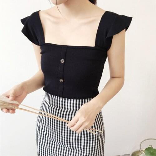 Women Sleeveless Slash Neck Plain T-Shirts Summer Casual Solid Button Backless Knitted Tank Top