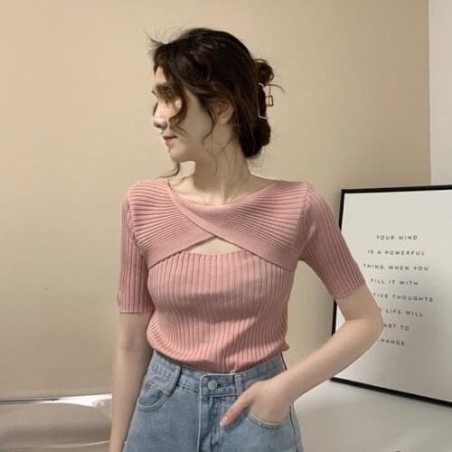 Woman Tshirts Summer New Short Tights Design Sense Niche Hollow Knit Short-sleeved T-shirt Women