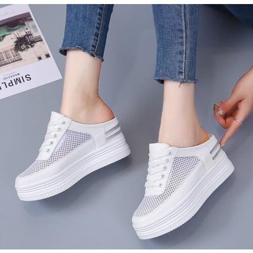 Akexiya Womens Spring Summer Slippers Hollow Breathable Thick Bottom Casual Half Slippers Lazy Shoes Women Little White Shoes