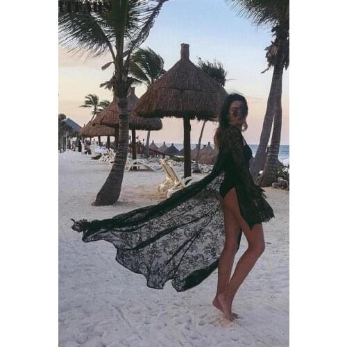 Black Whie Women Lace Flower Cardigan Beach Long Dress Cover-Ups Sexy Bikini Cover Up Sunscreen Beachwear
