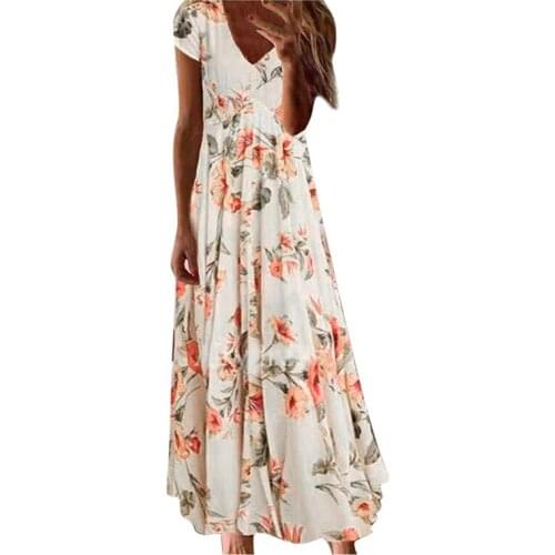 Summer Women Floral Vintage Boho Long Dress Print V-Neck Short Sleeve Elegant Bodycon Dress Bohemian Plus Size Beach vestidos