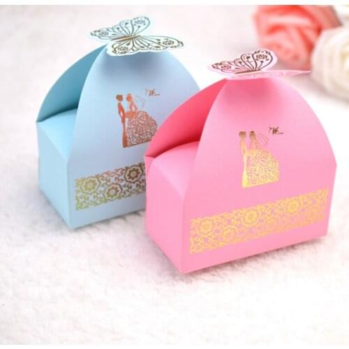 100pcs Pink Blue Red Butterfly Style Bride & Groom Wedding Favors Candy Boxes Party Chocolate Gift Box Giveaways Box Bomboniera