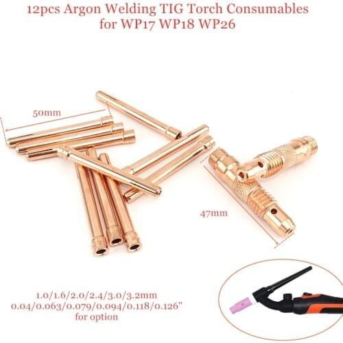 12pcs Argon Welding TIG Torch Consumable 1.0mm 1.6mm 2.0mm 2.4mm 3.0mm 3.2mm TIG Tungsten Electrodes Collet Body and Collet