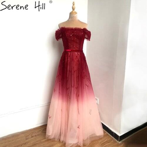 Gradual Change Red A-Line Sexy Evening Dresses Long 2020 Beading Sequins Off Shoulder Formal Dress Design Serene Hill BLA70516