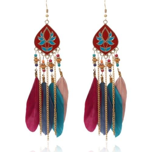 HC Bohemian Colorful Enamel Drop Long Earrings Women Party Gifts Jewelry Earrings Vintage Feather Tassel Beads Dangle Earrings F