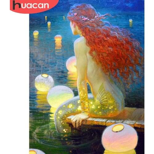 HUACAN Full Square/Round Diamond Painting Mermaid Diamond Mosaic River Cross Stitch Home Decoration Wall Decor