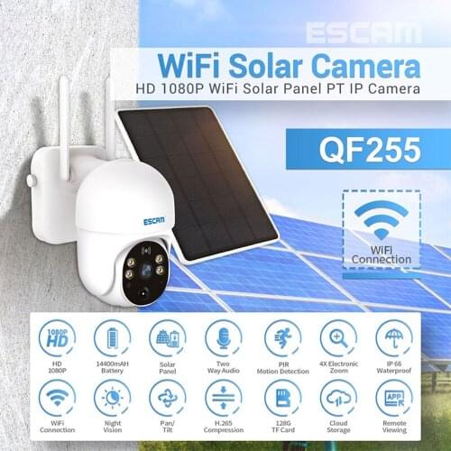 Escam QF255 HD 1080P 2MP WiFi Solar IP Camera Wireless Solar Panel Powered PIR Humanoid Detection Security Surveillance Cameras