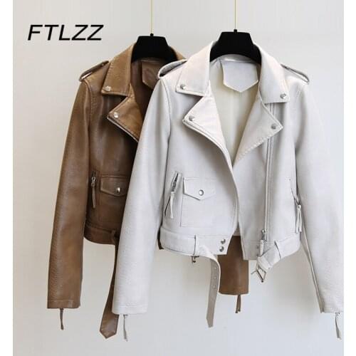 New Fall Winter Faux Leather Jacket Women Brown Short Coat Slim Rivet Leather Jacket Woman Streetwear Biker Outwear with Belt