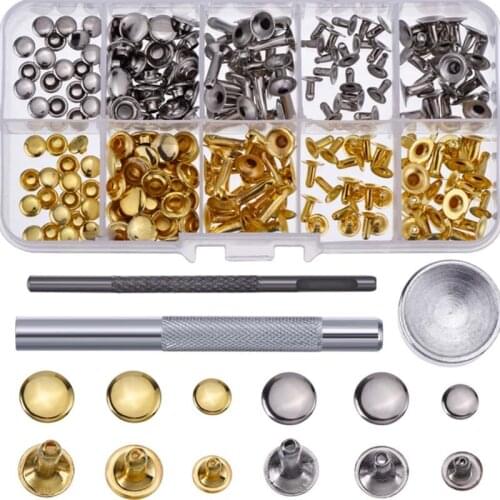 120 Set Leather Rivets Single Cap Rivets Tubular Metal Studs with Fixing Tool Kit for Leather Craft Repairing Decoration 3 Sizes