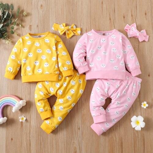 OPPERIAYA Baby Girls Three-piece Fall Clothes Casual Set Cloud Print Pattern Round Collar Pullover Tops Pants and Bow Headdress