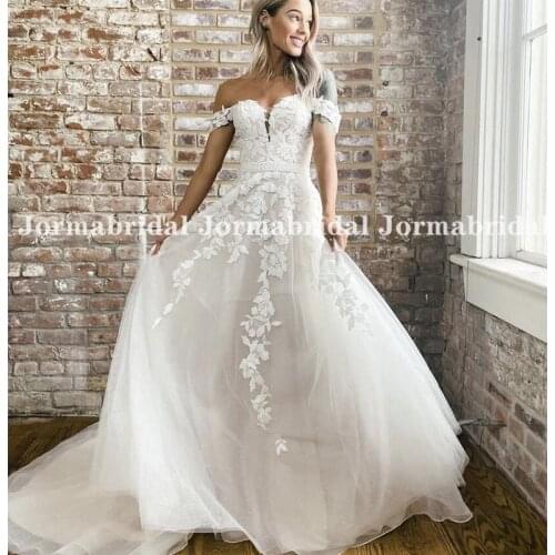 Floral Lace Wedding Dresses 2021 Off Shoulder A Line Bride Dress Princess Long Train Wedding Gowns Free Shipping Robe De Mariee