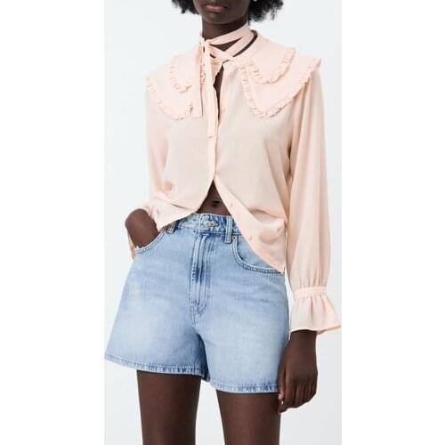 ZA shirt 2021 summer new womens clothing sweet temperament versatile double-layer lapel ruffled bow decoration shirt top