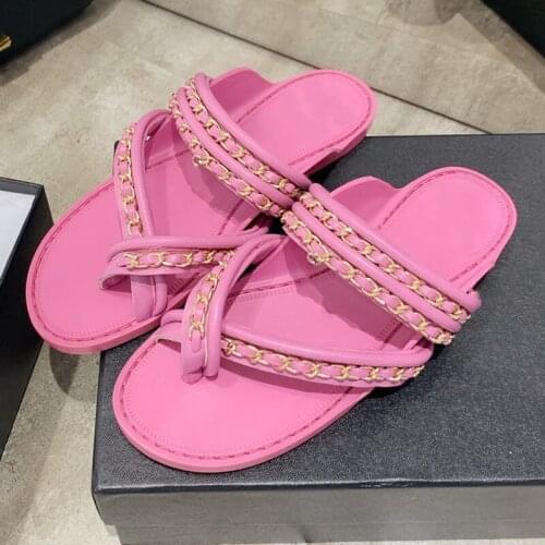 New Chain Woman Slippers Summer Solid Shoes Women Flats Flip-flops Round Head Outside Shoes Fashion Elegant Ladies Slippers Hot