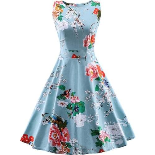 Blue Dress 4XL Women Dress Retro Vintage 1950s 60s Rockabilly Floral Swing Summer Dresses Elegant Bow Tunic Vestidos Dress