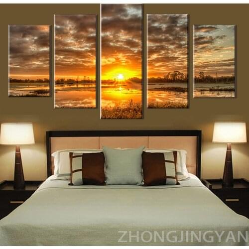 Modern Home Wall Art Decor Modular Picture 5 Pieces Sunrise Morning Lake Landscape HD Print Painting On Canvas Artwork