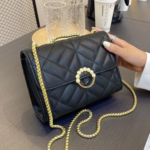 Quilted Chain Crossbody Bags Women Stylish Small Flap Messenger Bag New Style Black Handbag Ladies Pearl Pu Leather Shoulder Bag