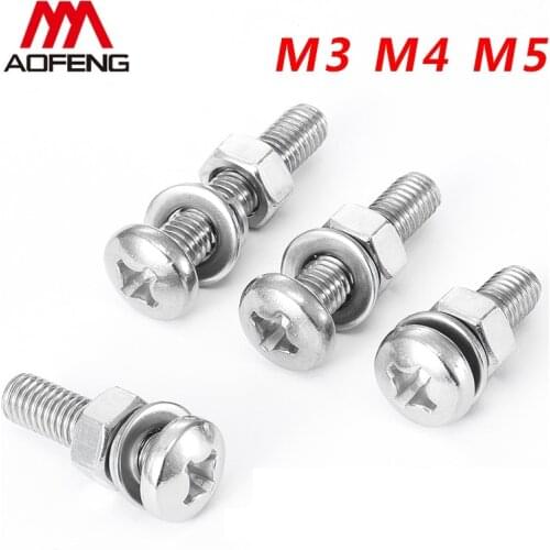 3mm 4mm 5mm 6mm Cross Recessed Pan Head Screws M3 M4 M5 M6 X 8 10 12 14 16 20 25 30mm Round Head Bolts with Nuts and Washers