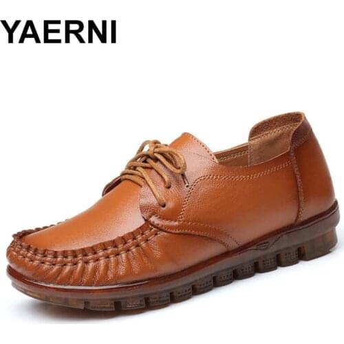 YAERNI spring autumn fashion genuine leather shoes woman casual lace-up comfortable flat shoes non-slip women driving shoes