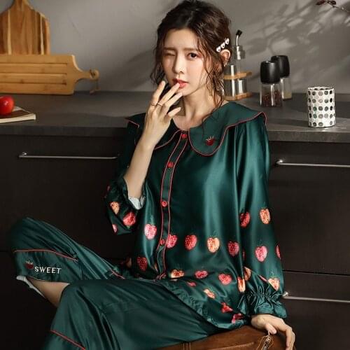 Pajamas womens long-sleeve home service cartoon yukata thin suit silky sleepwear sexy nightwear loose camison mujer new arrival