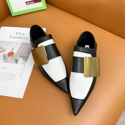 2021 Metal Square Buckle Designer Ladies Shoes Pointed Toe Flat Mules Summer Real Sheepskin Slip-on Women Shoes Loafers