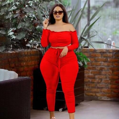 Women Tracksuits Two Pieces Set Suits Female Solid Skinny Off Shoulder Crop Tops+Plus Size Pants Sets Joggers Fall Outfits