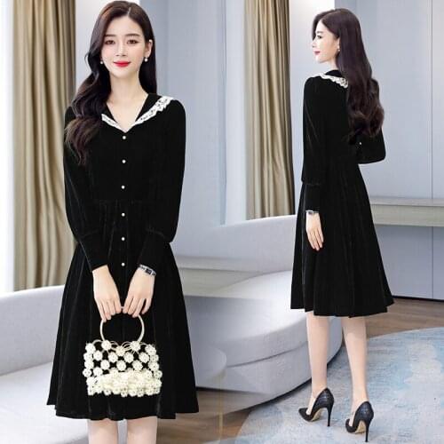 2021 Spring Autumn Vintage Gold Velvet Warm Vestido 3XL Plus Size Women Fashion Midi Dress Korean Chic Party Black Hepburn Dress