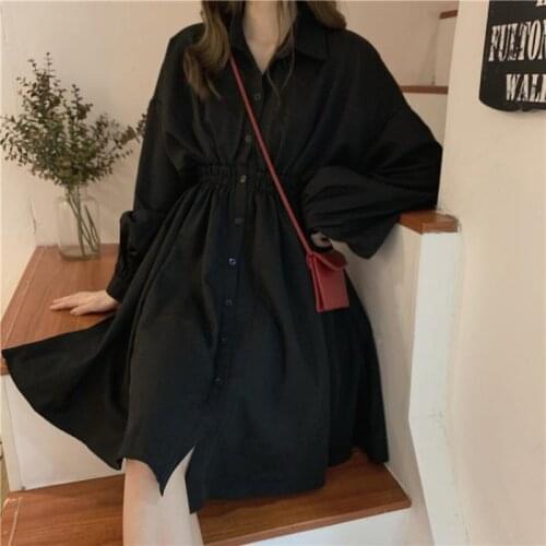 HOUZHOU Women Dress Black Elegant Casual Loose Long Sleeve Dresses Preppy Style Sweet Streetwear Spring Autumn Turn-down Robe