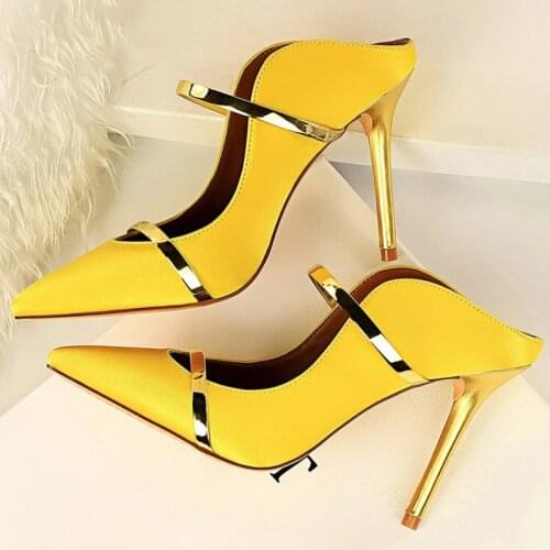 2020 Women Fetish 10cm High Heels Slides Female Sexy Summer Mules Satin Slippers Lady Slip On Yellow Sandals Silk Strange Shoes