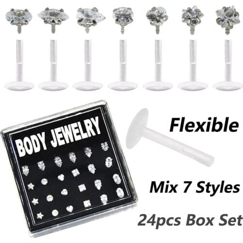 24pcs Shaped Crystal Push In Flexible Labret Stud Zircon Gem Lip Ring Piercing Body Jewelry Retainer Tragus Ear Cartilage Helix
