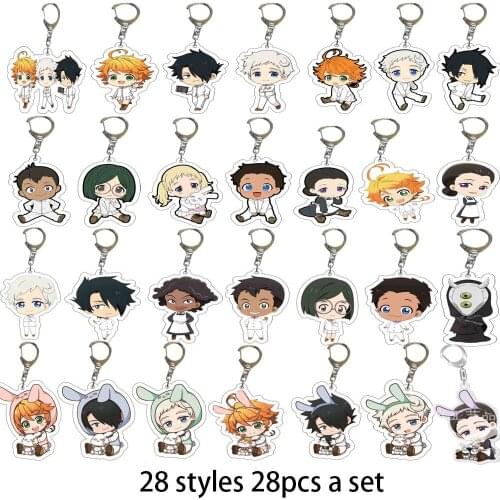 28Pcs Anime The Promised Neverland Acrylic Keychain Emma Norman Ray Don Gilda Figure Pendant Keyring for Women Men Jewelry