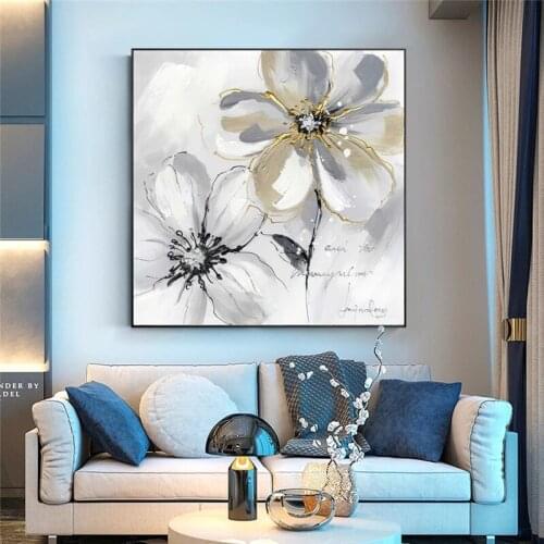 Abstract White Flowers with Golden Heart Canvas Painting Wall Art Nordic Posters and Prints Wall Pictures for Living Room Decor