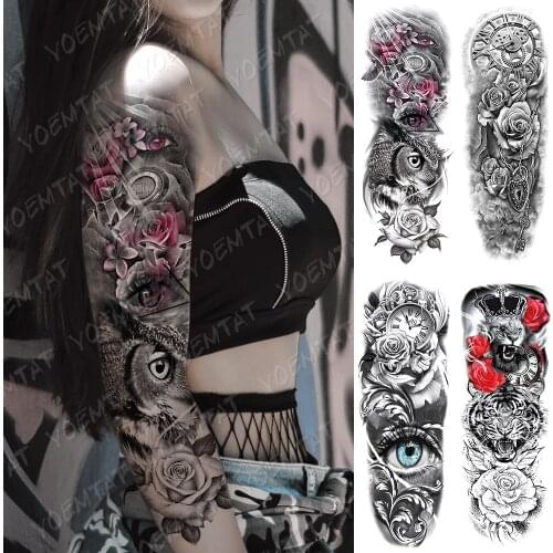 Large Arm Sleeve Tattoo Owl Rose key Eyes Waterproof Temporary Tatto Sticker Lion Tiger Clock Body Art Full Fake Tatoo Women Men
