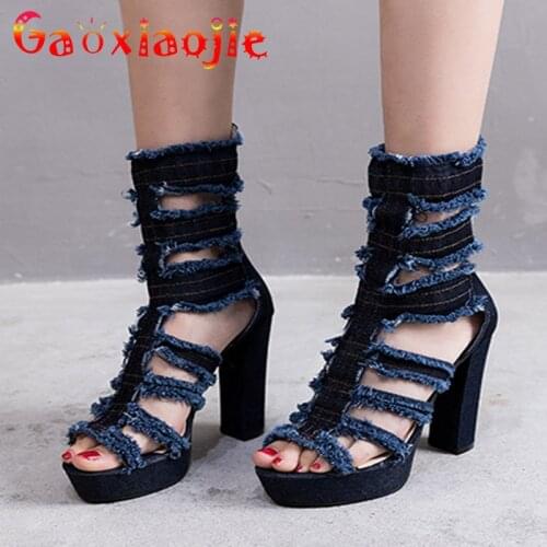 Sexy Fetish High Heel Summer Chic Women Shoes 2021 Custom Denim Cloth Hollow Out Platform Sandal 12CM Zip Thick Heel Short Boots