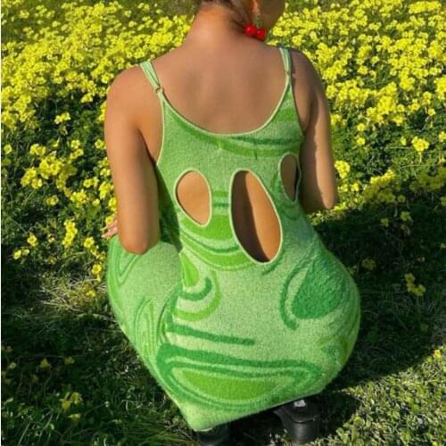 Cultiseed European Women Personalized Swirl Printing Back Hole Knitted Sleeveless Vest Long Dresses Clothing Female New Gowns