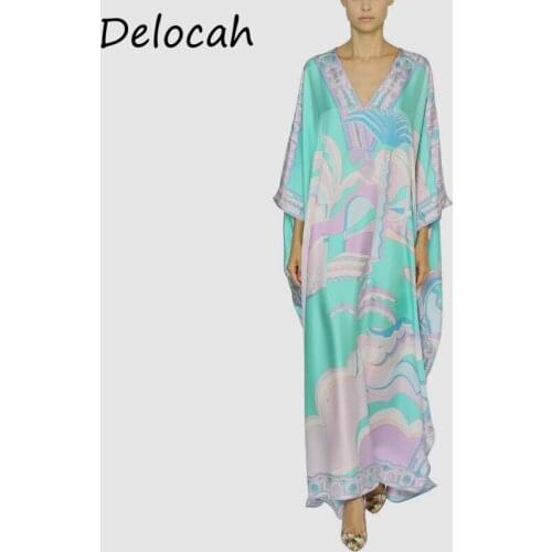 Delocah Women Summer Fashion Runway Party Loose Dress Sexy V-Neck Geometric Printed Ladies Maxi Robe Long Boho Dresses Vestidos