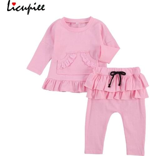 Newborn Baby Girl 2pcs Clothes O-neck Long Sleeve Pocket Pullover Tops, Ruffle Bow Elastic Waist Pants Solid Color Set