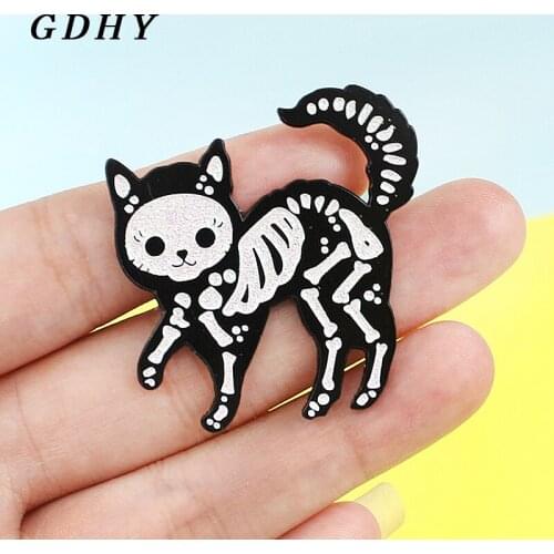 GDHY Cartoon Cat Skeleton brooch Glitter Dark Black cat Badge pins Enamel Pin Lapel Animal Gift for Friends Halloween Jewelry