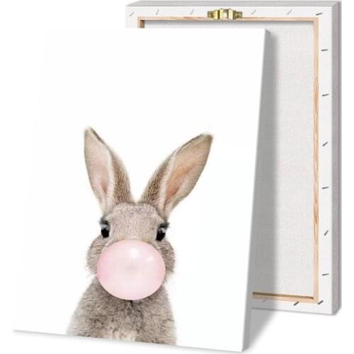 HD Home Decor Printing Baby Rabbit Blowing Pink Bubble Gum Canvas Wall Art Oil Painting Living Room Decoration with Frame