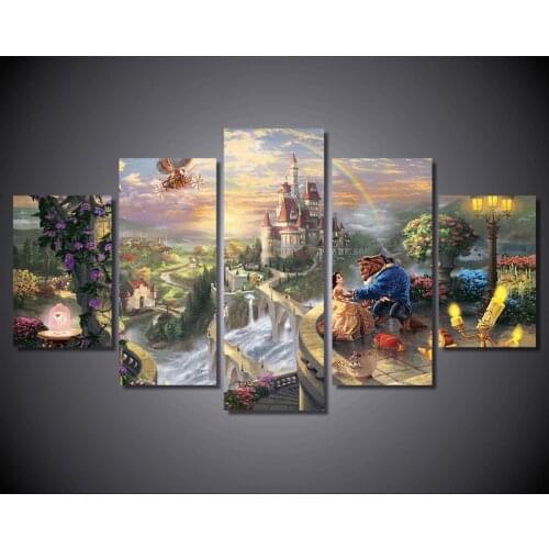 HD Printed 5 piece canvas art beauty and beast castle Thomas Kinkade painting living room wall art Free shipping DT-023